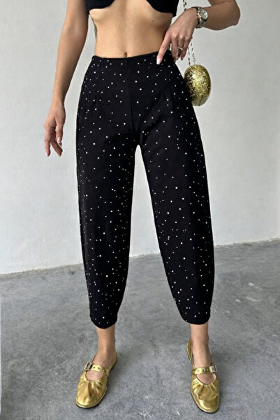 FEVİLLE Women's Black Stone-Faced Modal Pants