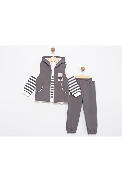 SÜSLÜ KİDS Baby Striped Teddy Bear Vest Hooded 3-Piece Set 1-4 Years Old Cott...