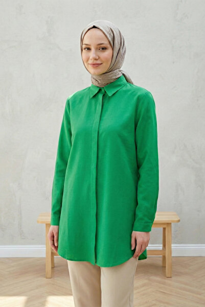 FERHEL Women's Hidden Button Long Boyfriend Shirt Tunic - Green