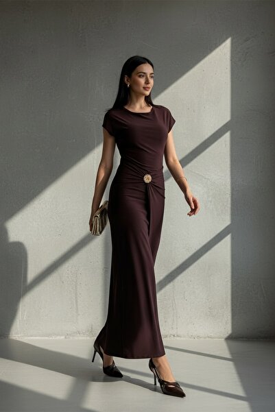 Trend Alaçatı Stili Women's Brown Brooch and Draped Detailed Maxi Length Sand...