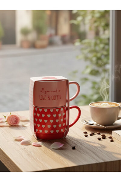 Tohana كوب بورسلين أحمر ووردي بتصميم قلبين متداخلين