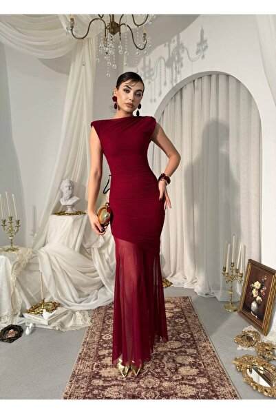 ETİKAFASHION Vatkalı Omuz Detaylı Uzun Elbise