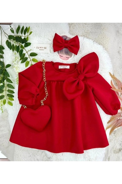 ÖZSEMODA Kirmizi Cantali Tokali Scuba Elbise Bayramlik/Gösteri elbisesi