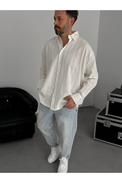 BYBASICMAN White Knitted Striped Oversize Shirt Jj-242