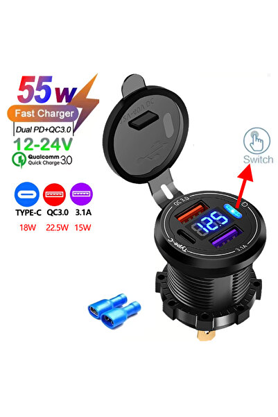 Choice8 شاحن سيارة USB بمنفذين PD وQC 3.0 مع مقياس فولت، 2/3/4 منافذ، محول طا...