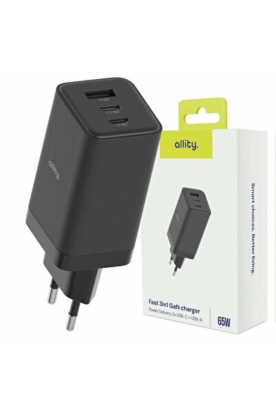 allity ATC-01-65WACC GaN PD QC 2x USB-C 1x USB-A 65W Power Adapter, Black