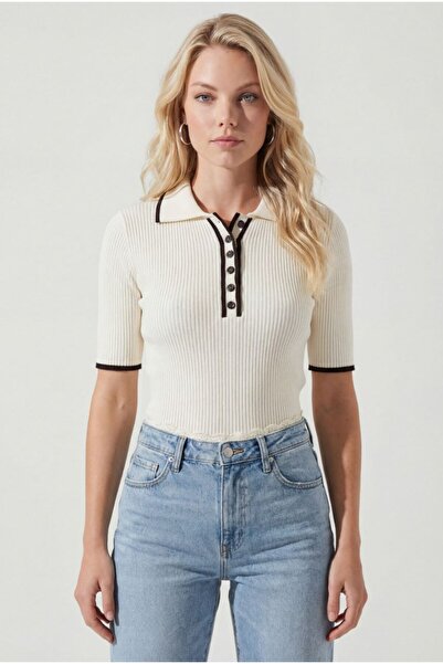 Auroveen Half Pat Button Polo Neck Short Sleeve Knitwear Blouse Av4071