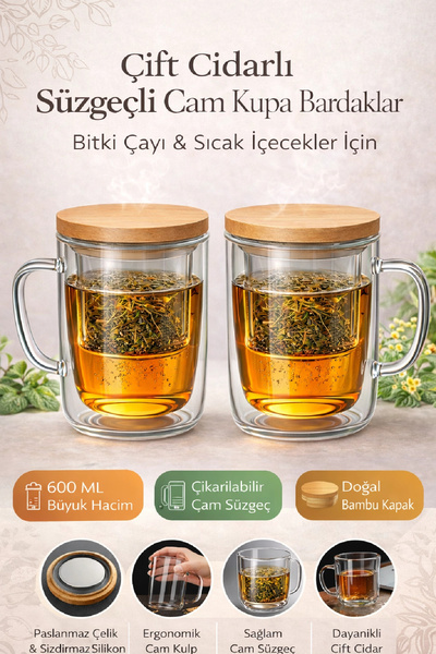 Berdina Home 2-Piece Glass Mug Set with Strainer, Double Wall Heat Insulated ...