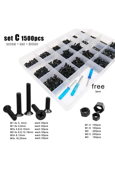 choice2 علبة C تحتوي على 1500 قطعة، 500/750/1500 قطعة، مقاسات M1.4، M1.6، M2،...