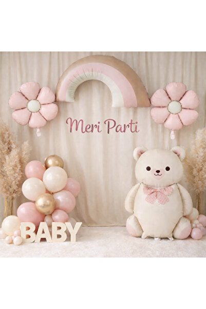 MERİ PARTİ Pastel Gökkuşağı Ayıcık Baby Shower Konsept Seti Çiçek Folyo Balon...