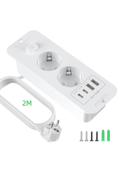 Choice 110-250V EU 2AC white 7-in-1 ultra-thin embedded socket with switch, 2...