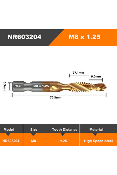 Choice3 NR603204 M8 AMR Hex Shank Titanium Plated HSS Screw Thread Metric Tap...