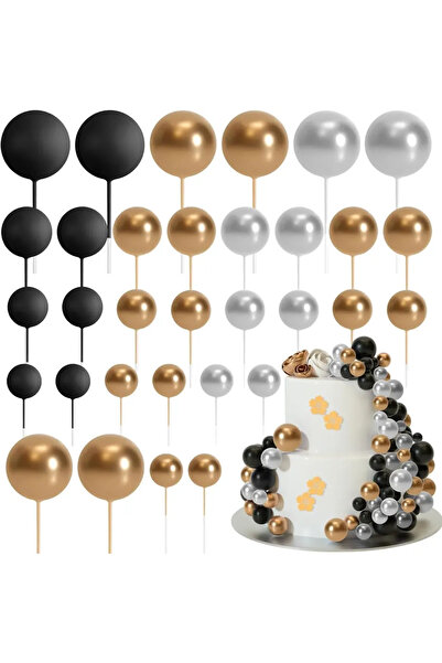 Choice1 32 قطعة من كرات تزيين الكيك، ذهبية وفضية وسوداء، كرات صغيرة لتزيين ال...
