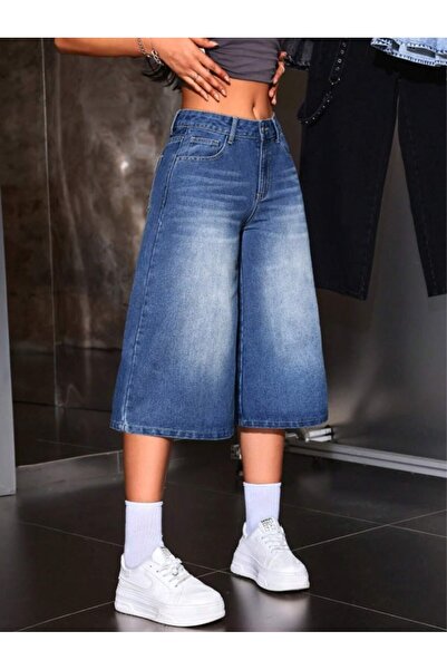 DENİKK Trend Special Washing Laser-Cut Baggy Denim Capri Roller Bermuda Shorts