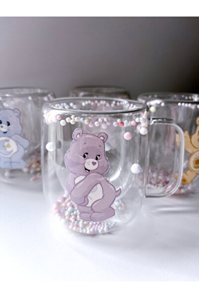 Rolin Design Lila Care Bear Boncuklu Çift Çidarlı Cam Kupa