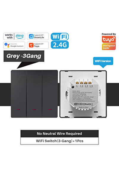 Choice1 3Gang No Neutral Wire Tuya Smart WiFi Light Switch Push Button No Neu...