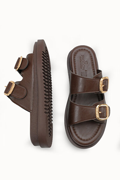 Riccon Kadın Çift Tokalı Terlik 00120403 Kahverengi