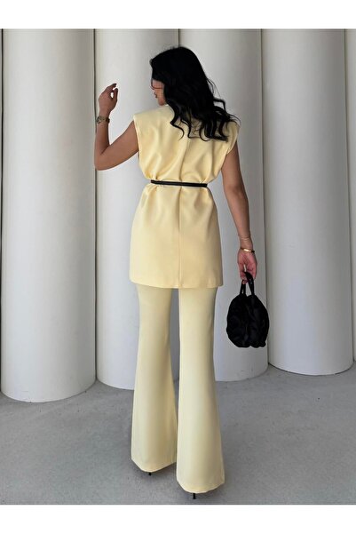 Rabona Fashion Kemerli Kapak Cepli Kolsuz Blazer Takım