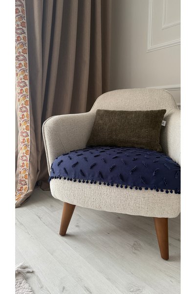 Hisar Home Bohem Striped Pompom Navy Blue Armchair Sofa Bed Cover