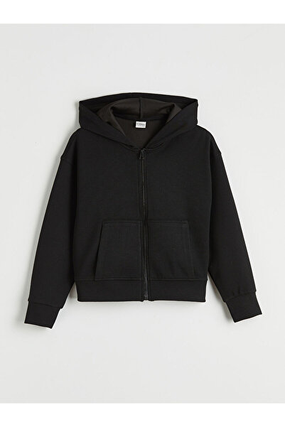 LC Waikiki Hanorac negru cu glugă pentru fete, cu fermoar, moale la atingere