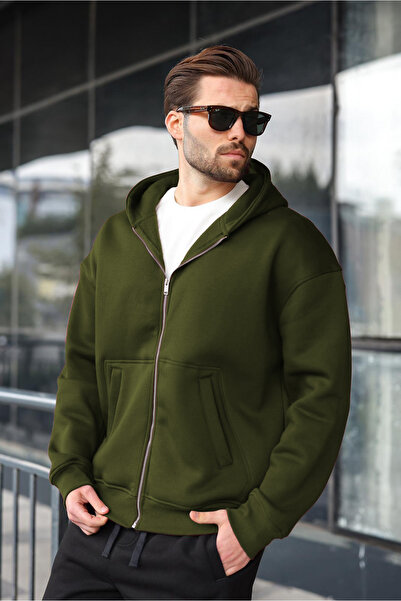 Madmext Khaki Zippered Hooded Men's Cardigan E7174