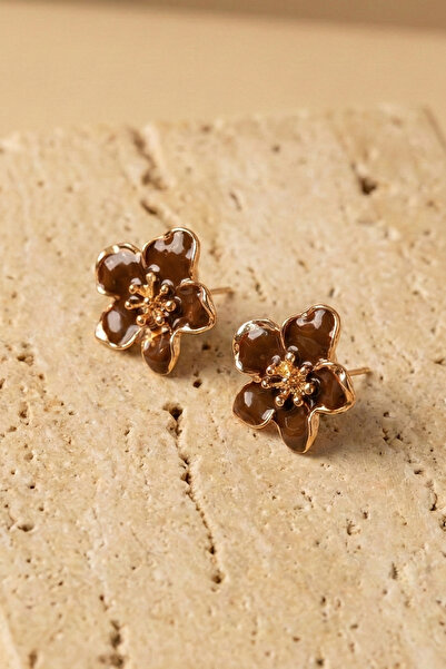 AURRARİ Altın Kaplama Kahverengi Sakura Çiçeği Küpe