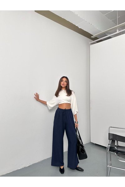 QUASAR Fashion Elastic Waist, Lace-Up, Wide-Let Palazzo Linen Pants