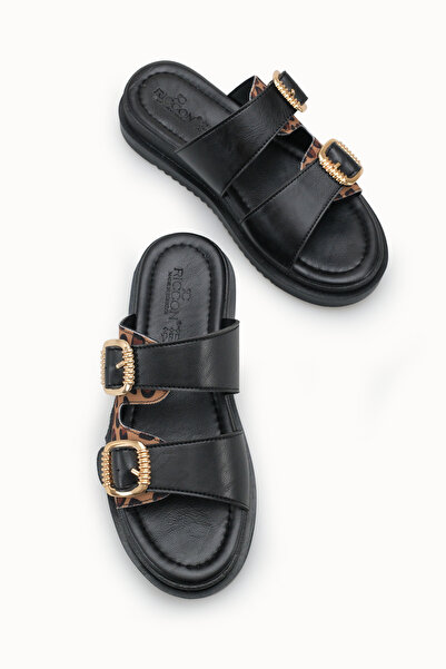 Riccon Γυναικείες παντόφλες με διπλή πόρπη 00120403 Μαύρη Λεοπάρ