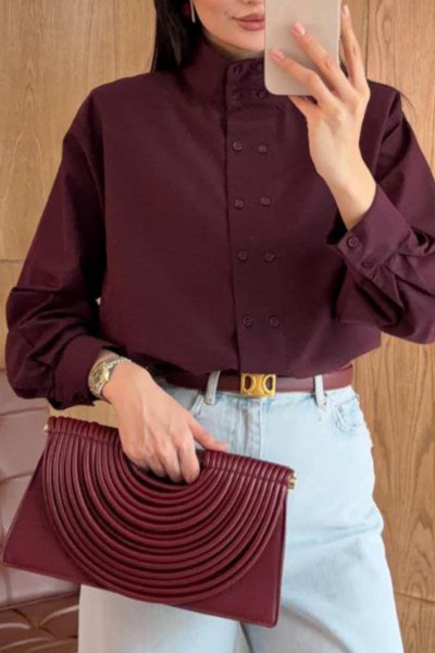 Qualia Butik Kadın Dik Yaka Çift Düğmeli Oversize Gömlek