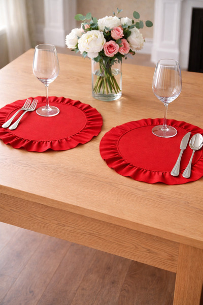 ŞAH TEXTILE DESIGN 2-Piece Red Cotton Linen Ruffle Set with Placemat Supla Pi...