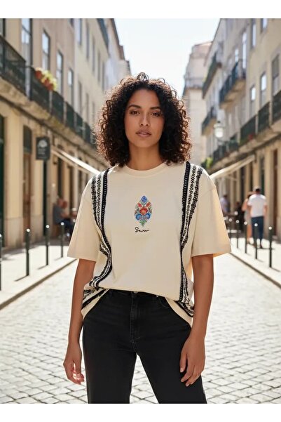 SAW Urbanity Recien Unisex White Oversize Ethnic Embroidered Bohemian Cross-S...