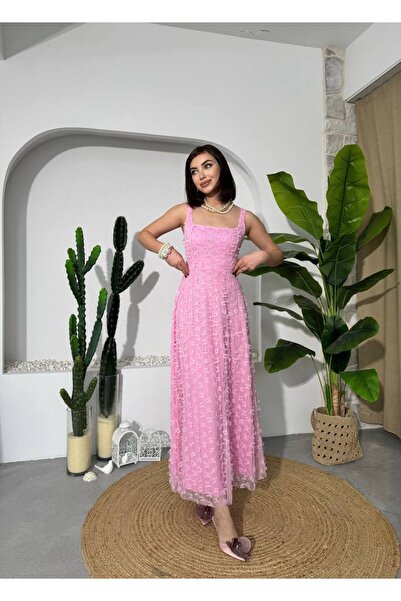 ETİKAFASHION Fiyonk Aplike Uzun Elbise