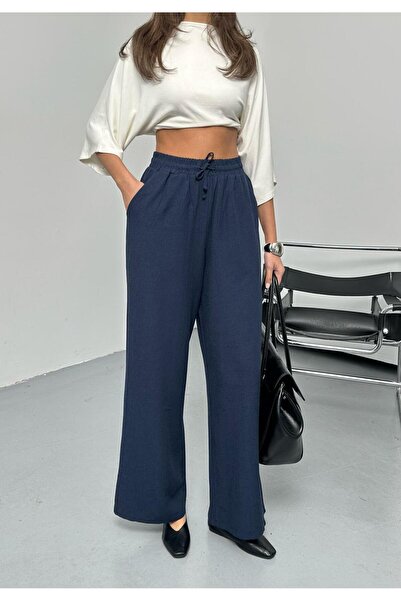 QUASAR Fashion Elastic Waist, Lace-Up, Wide-Let Palazzo Linen Pants