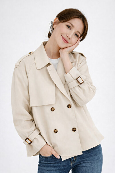PENGORA Women's Windproof Buttoned Double-Breasted Gabardine Trench Coat
