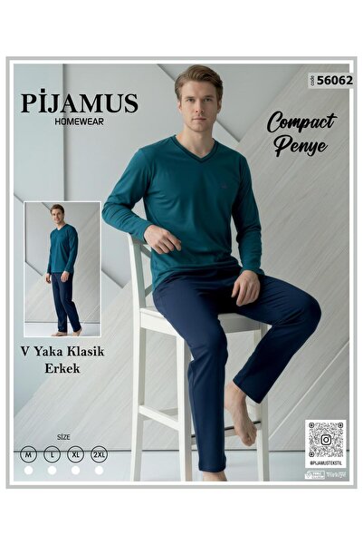 PİJAMUS Men's V-Neck Classic Loose Fit Combed Cotton Pajama Set