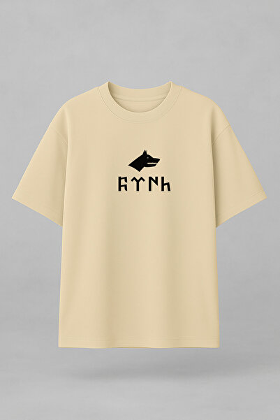 AYDESİGN Turkish Bozkurt Göktürkçe Written Printed Bicycle Ecru Black T-Shirt...