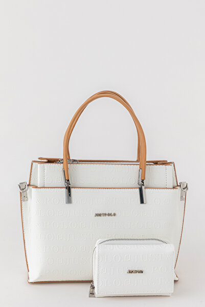 Just Polo Pera Adjustable Strap Large Volume Women's White Tan Handbag and Wa...