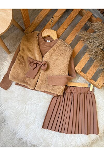Aselin Kids Girl's Fur Vest & Pleated Skirt Set – Double Badi Ribbed Fabric