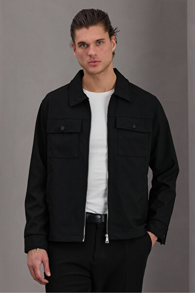 Bossago Men's Black Classic Collar Double Flap Pockets Lined Casual Seasonal ...