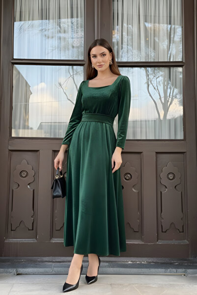 ISTANBUL STYLES Classic Square Collar Midiboy Velvet Dress - Khaki