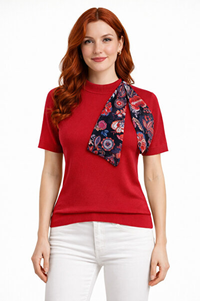 Neden Tekstil Red Scarf Short Sleeve Knitwear Kaza