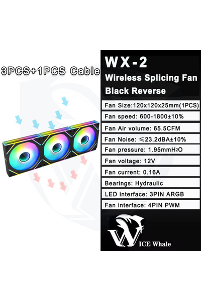Choice1 يحافظ على البرودة تبريد لاسلكية ICE Whale WX-2 ARGB مقاس 12 سم، لون أ...