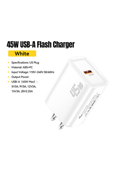 Choice4 شاحن إيساجر أسود اللون، بمقبس أمريكي، بقوة 45 واط، بمنفذ USB-A، يدعم ...