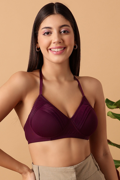 Clovia Padded Non-Wired Full Cup Halter Neck Bra in Plum Colour