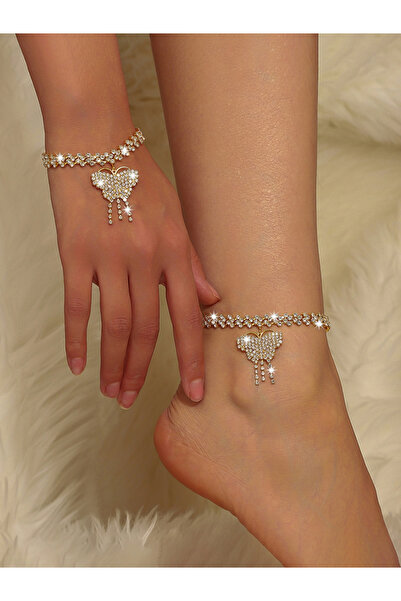 Take Two By Styli طقم خلخال وسوار نسائي ذهبي مزين بفراشة