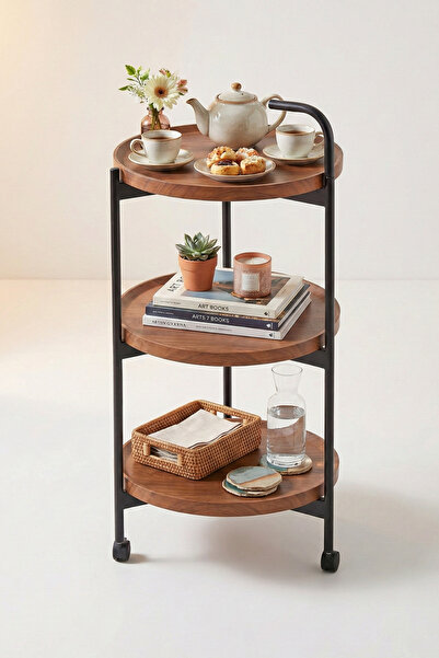 Ch عربة خدمة وترولي ضيافة متنقلة 3 أدوار لون خشبي مع عجلات ومقبض لسهولة التحر...