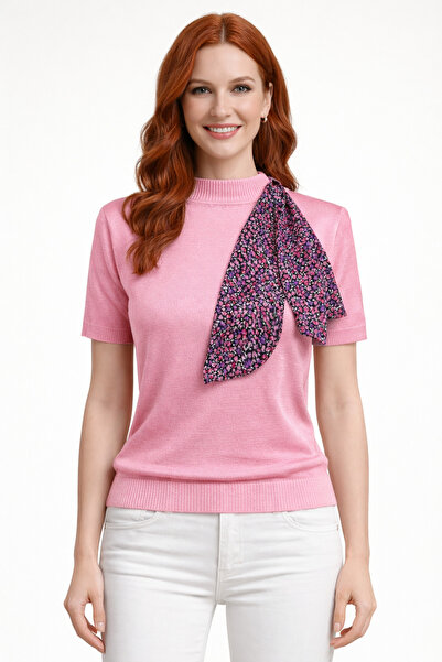 Neden Tekstil Pink Scarf Short Sleeve Knit Sweater