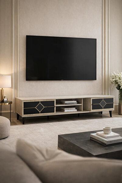MARIA HOMES Elegant Beige TV Stand Console with Black Diamond Pattern Doors a...