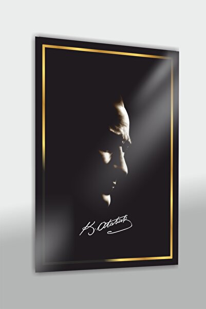 Çerçevesiz Dikey Siyah Beyaz Mustafa Kemal Atatürk Kırılmaz Cam Tablo