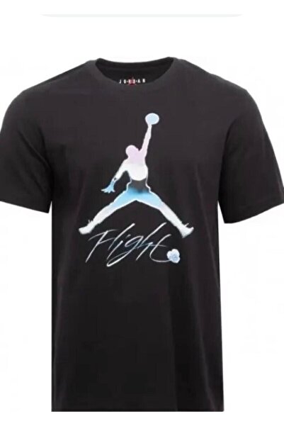 JORDAN Tricou negru cu logo Jumpman în culori pastel și text „Flight”.